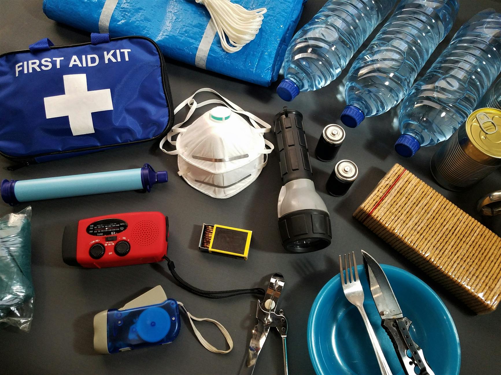 Well-organized emergency kit with labeled sections for food, water, first aid, and documents